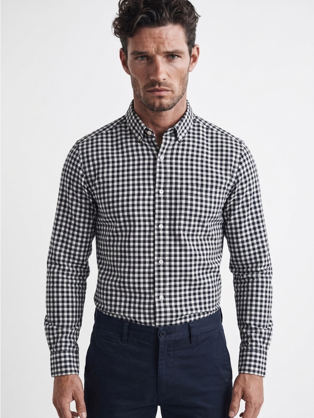 American Apparel Mens Small Navy Gingham Plaid Button Down Shirt Made in USA